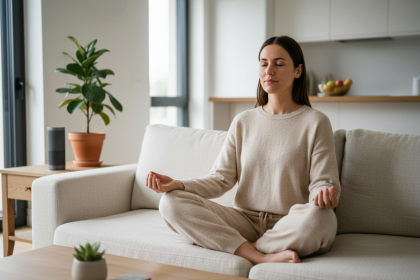 Jeune femme méditant dans un salon moderne et minimaliste
