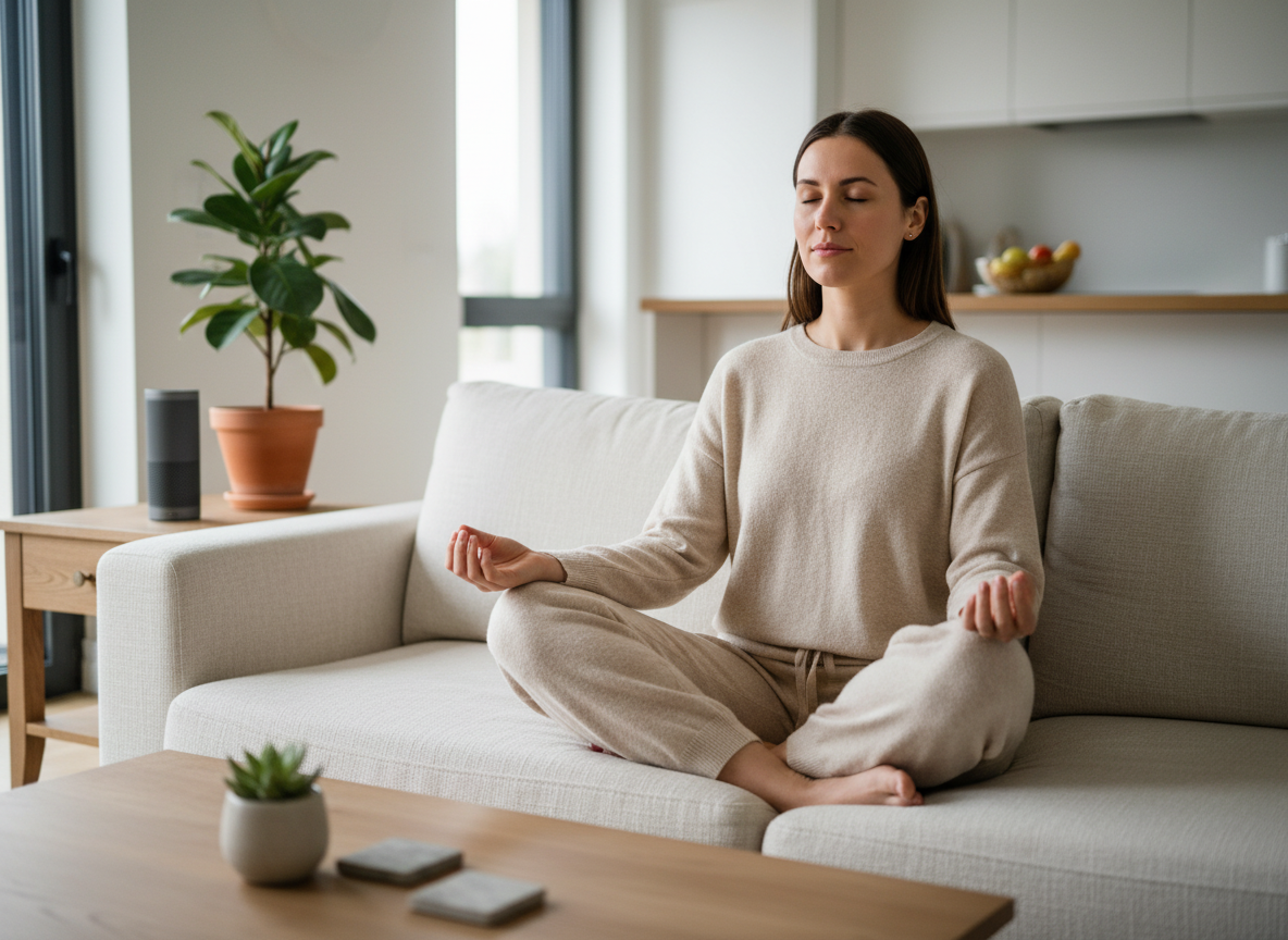 Jeune femme méditant dans un salon moderne et minimaliste