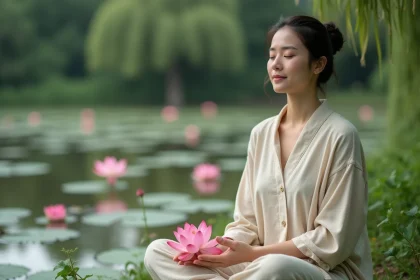 Femme méditant près d'un étang de lotus en extérieur