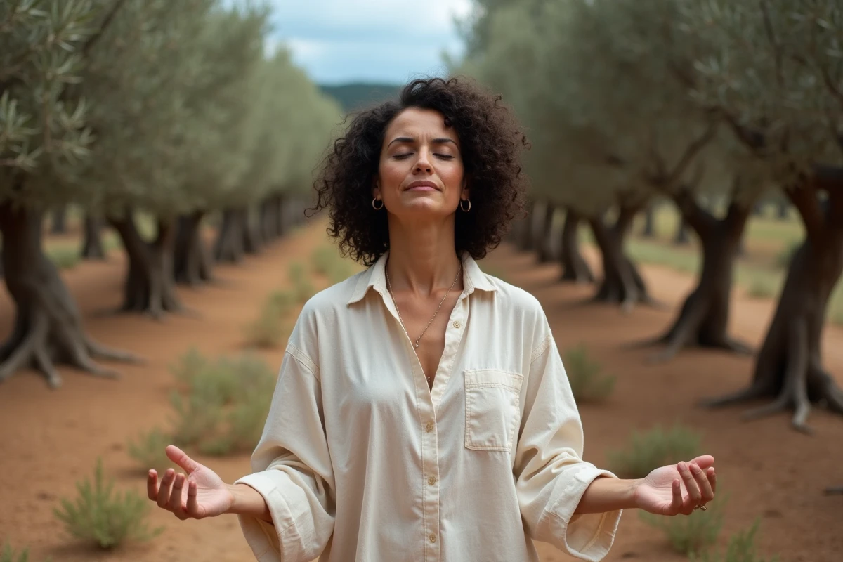 Femme en méditation dans un olivier ancien en Provence, symbolisant la connexion spirituelle et l'abondance intérieure