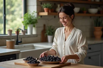 Femme souriante arrangeant des mûres sur une table en bois