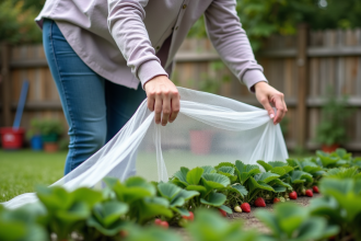 Femme drapant un filet sur des plants de fraises dans un jardin