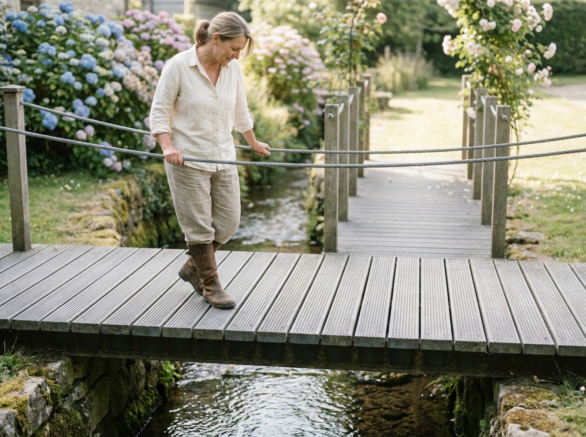 Femme traversant une passerelle en caillebotis composite au-dessus d'un ruisseau dans un jardin fleuri