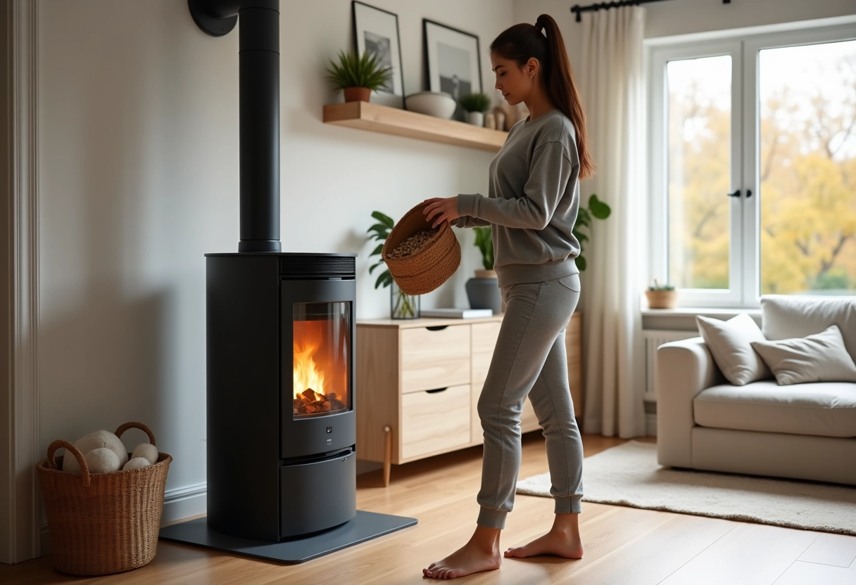 Jeune femme versant des pellets dans un poêle moderne