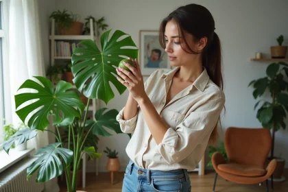 Femme examinant une grande plante monstera dans un salon lumineux