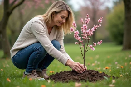Femme plantant un jeune arbre dans un jardin au printemps