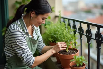 Femme plantant du thym dans un pot en terre cuite sur un balcon urbain ensoleillé