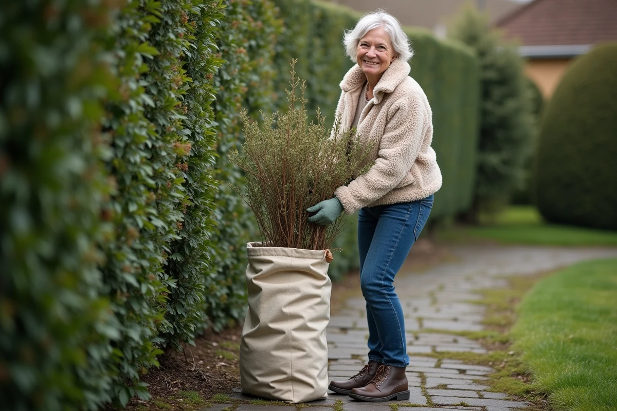 Femme récolte des branches de laurier dans le jardin