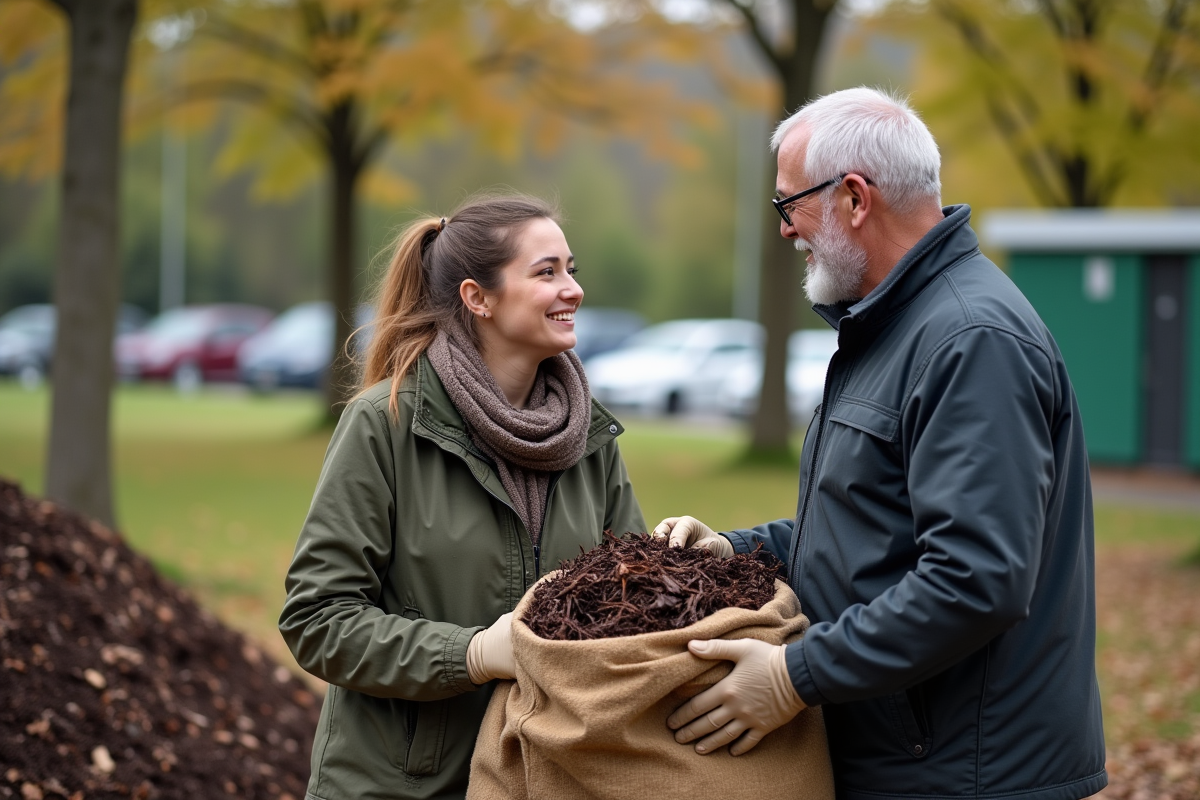 Femme souriante avec homme dans un parc recyclage de bois