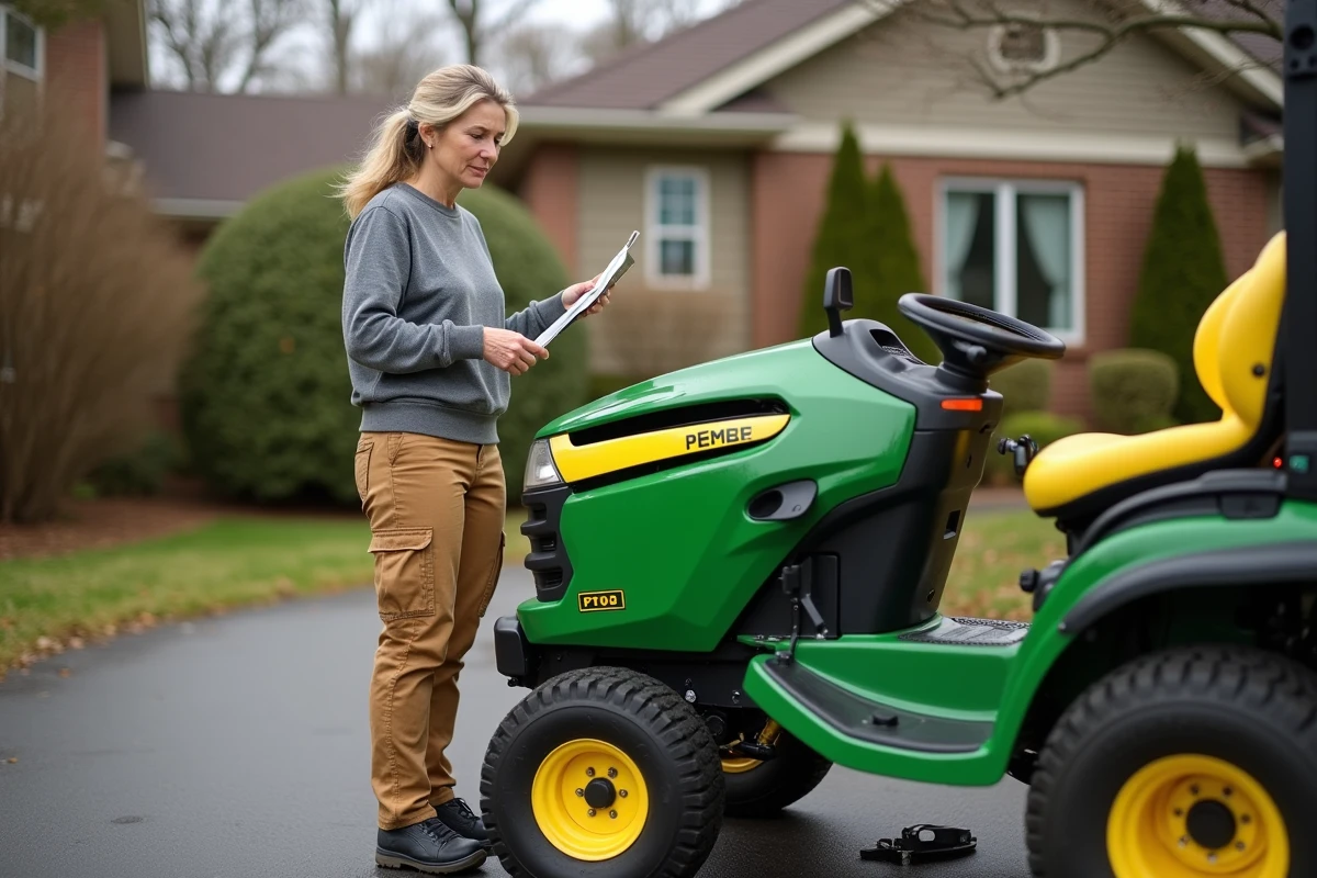 Femme consultant un manuel de réparation pour résoudre un problème d'enclenchement de lame sur son tracteur tondeuse au printemps