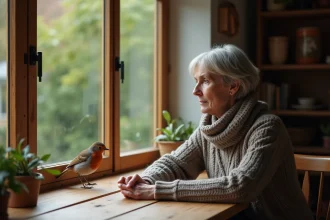 Femme contemplant un rouge-gorge dans un intérieur chaleureux