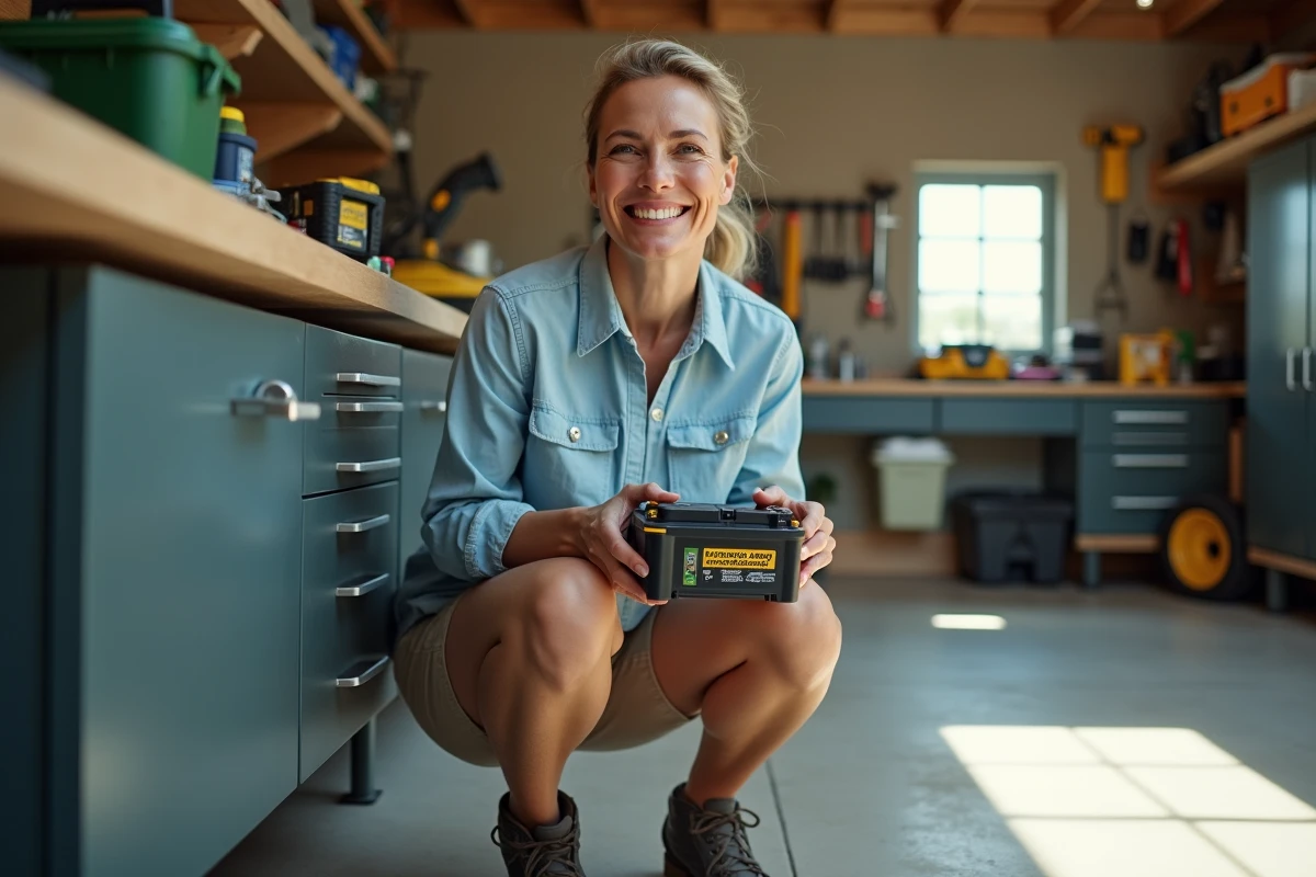 Femme range une batterie de tondeuse dans un garage organisé