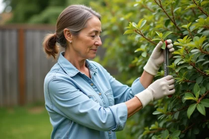 Femme taillant un mimosa dans un jardin résidentiel