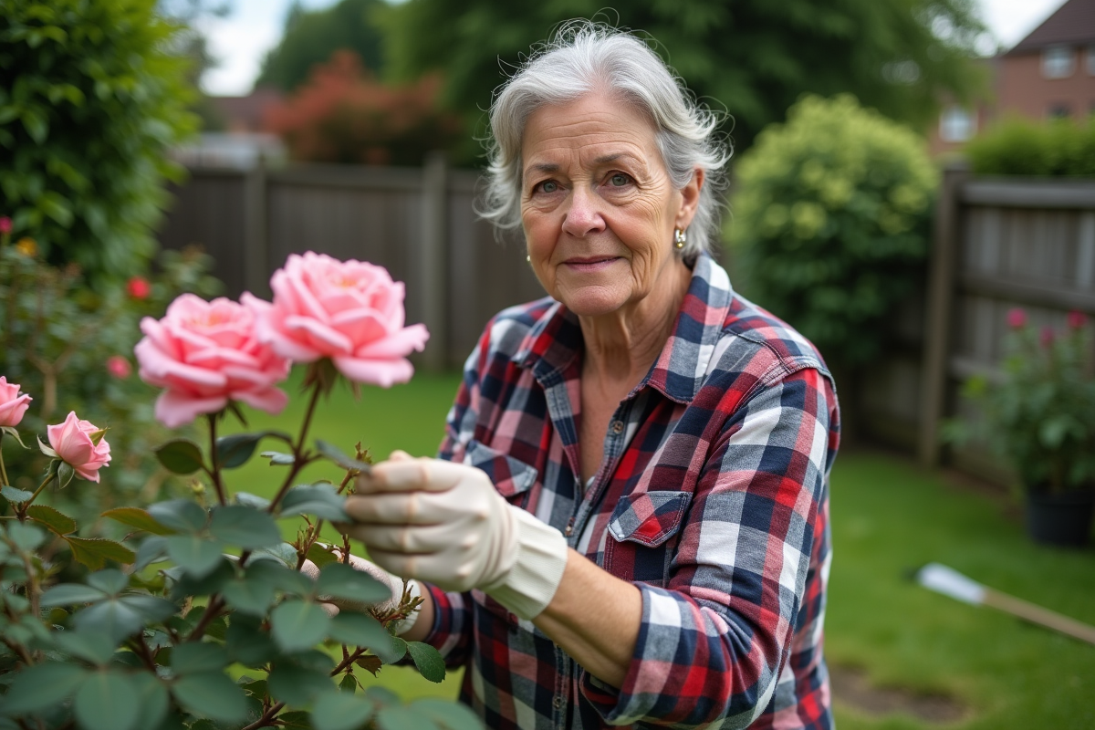 Femme taillant un rosier en extérieur avec des gants