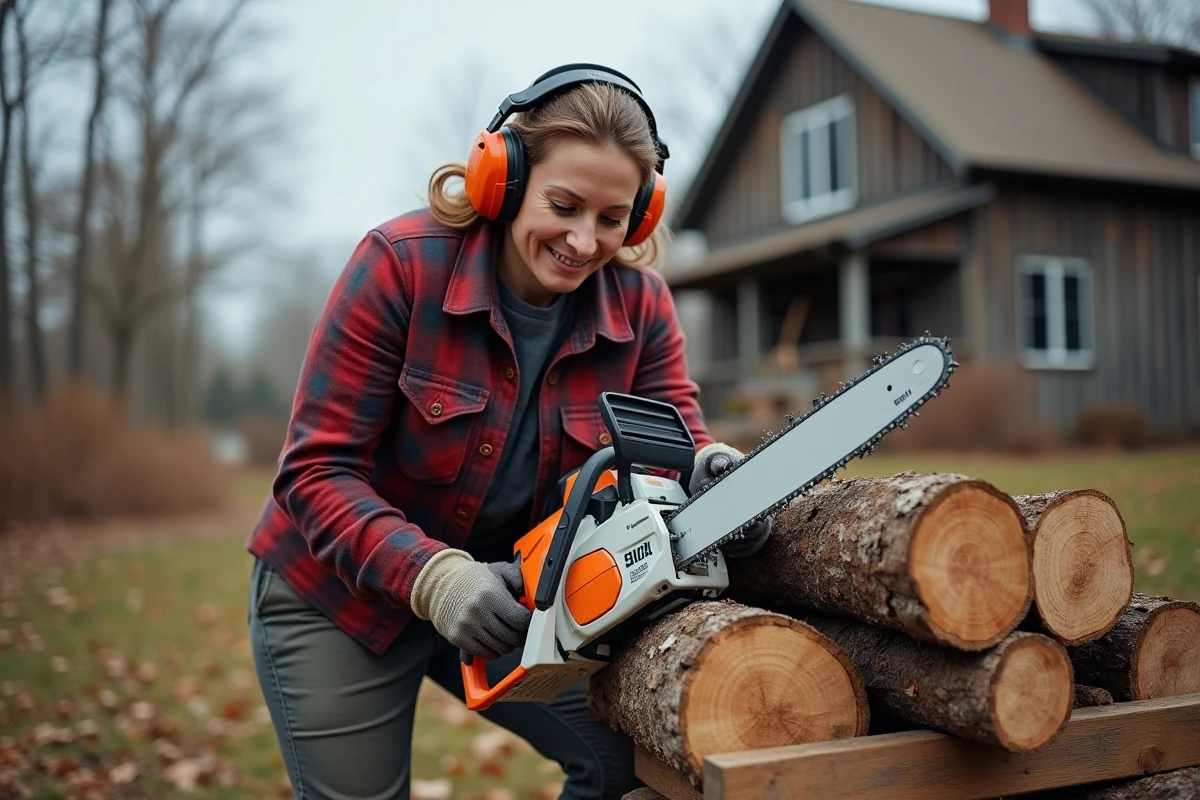 Femme en milieu rural utilisant une tronçonneuse STIHL MS 211 pour couper du bois de chauffage en automne