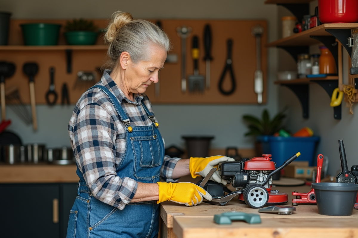 Femme senior inspectant une lame de tondeuse dans son atelier organisé