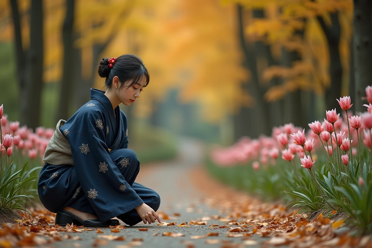 Jeune femme en yukata contemplant des fleurs de lycoris radiata le long d'un chemin forestier automnal au Japon