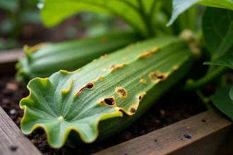 Feuilles de courgettes trouées et jaunissantes avec taches brunes sur fond de potager en bois