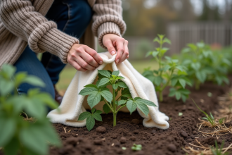 Femme couvrant jeunes plants de tomates avec une cloche en jardin