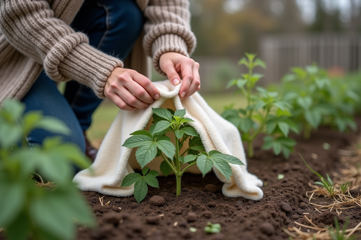 Femme couvrant jeunes plants de tomates avec une cloche en jardin