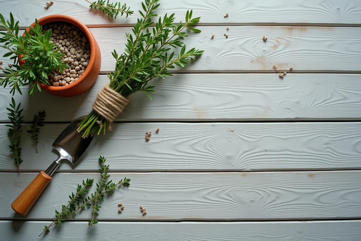 Vue de dessus d'un pot de thym, d'une truelle et de boutures fraîches sur une table en bois extérieure