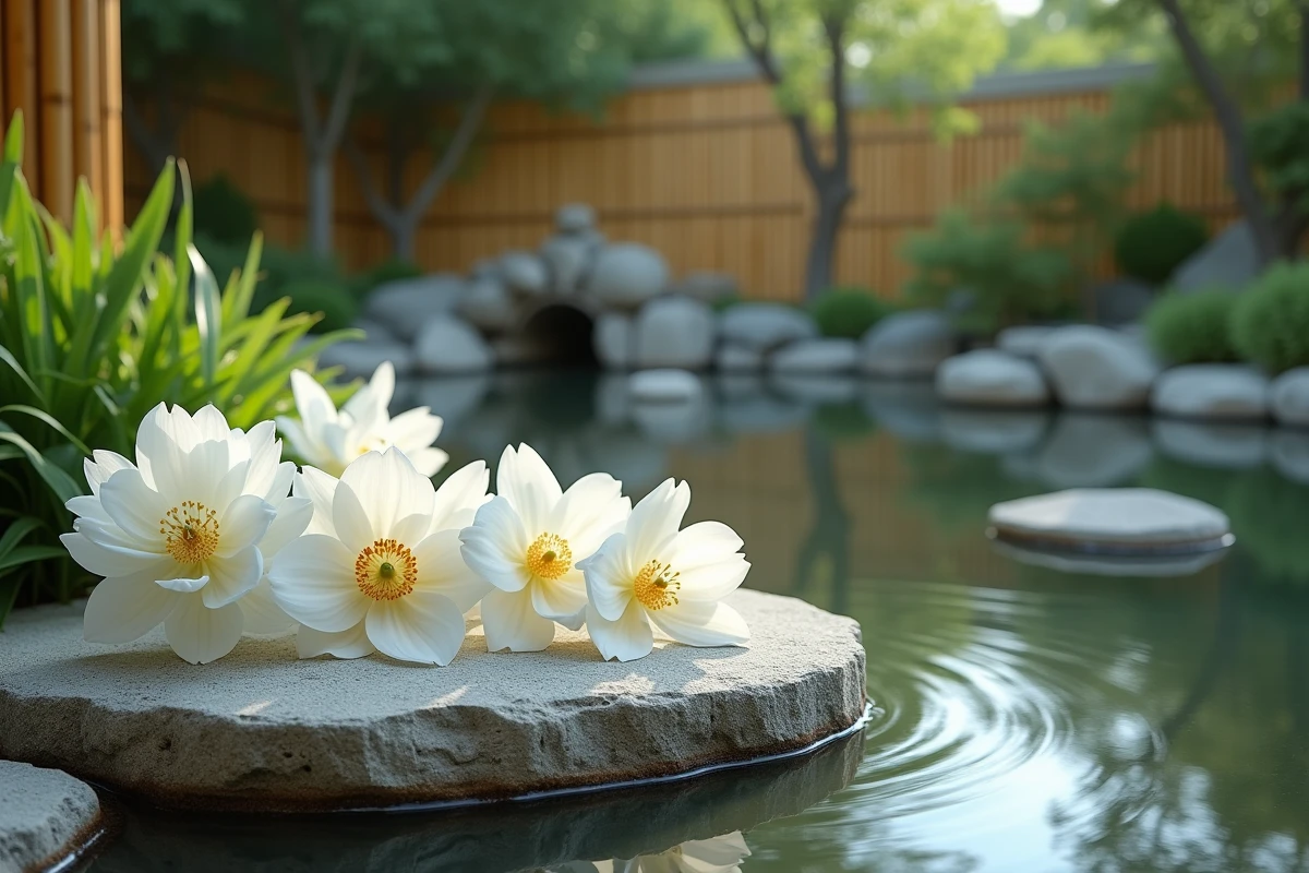 Arrangement de pivoines lilies et orchids dans un jardin asiatique