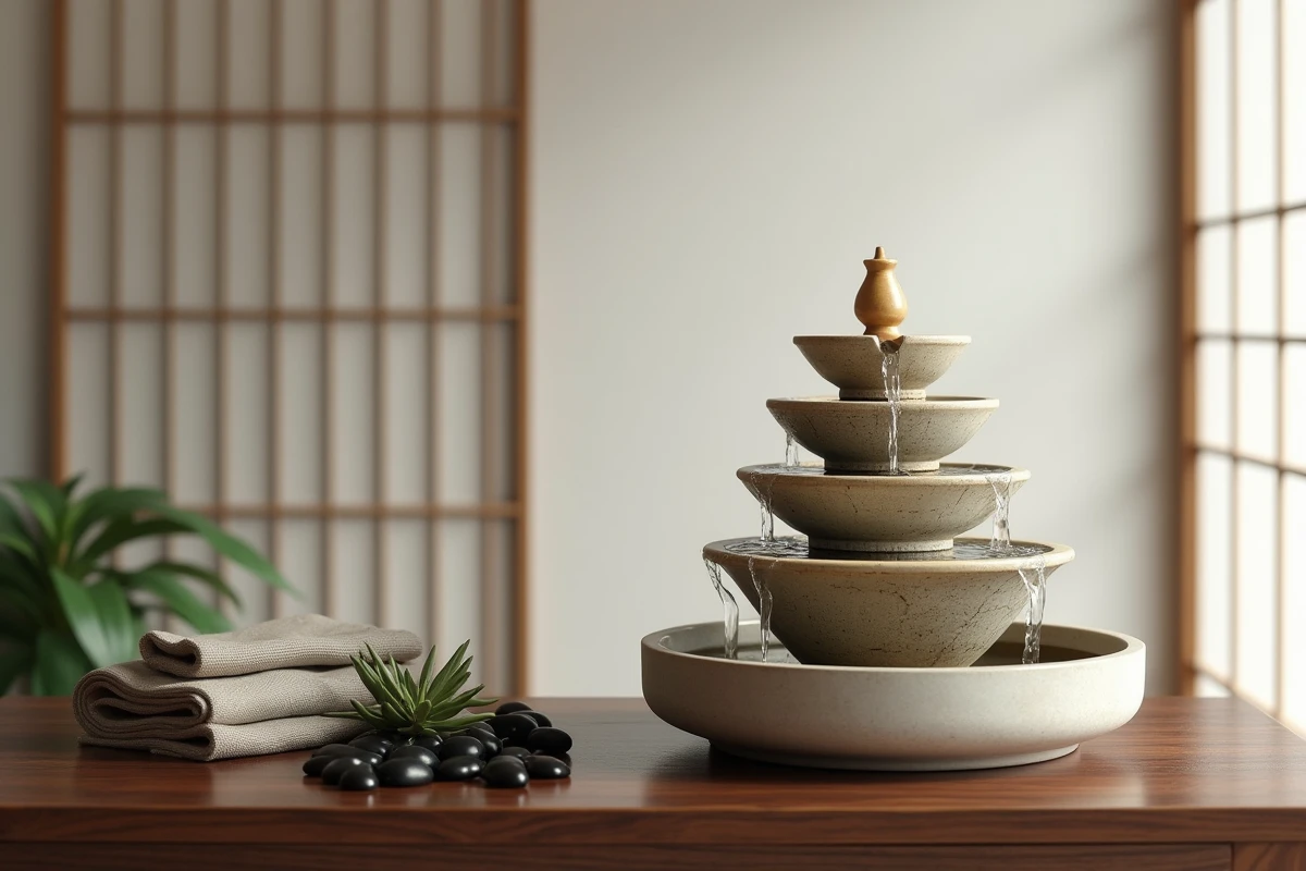 Fontaine en bambou de table en intérieur japonais minimaliste avec bassin en céramique et galets noirs