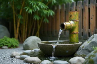 Fontaine en bambou traditionnelle shishi-odoshi dans un jardin zen japonais avec bassin en pierre moussu