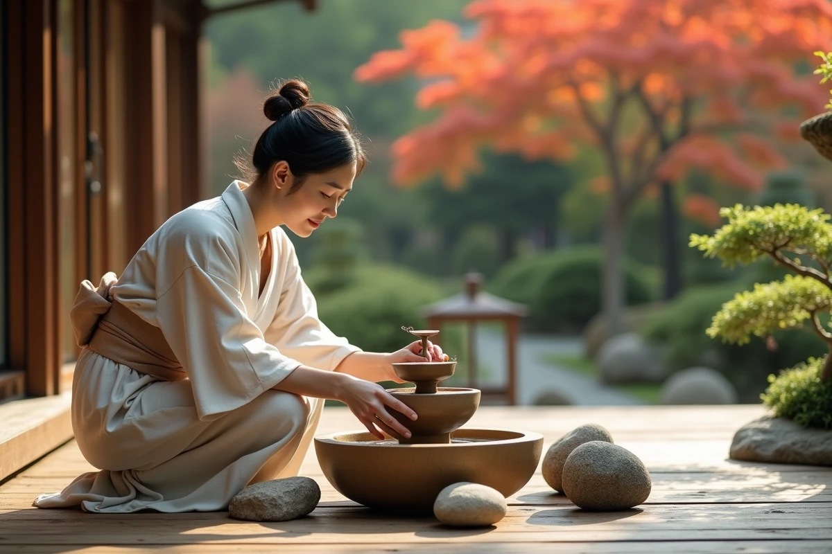 Femme japonaise aménageant une fontaine en bambou décorative sur une terrasse en bois entourée de bonsaïs
