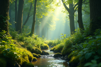Forêt verte avec soleil et ruisseau pour l article