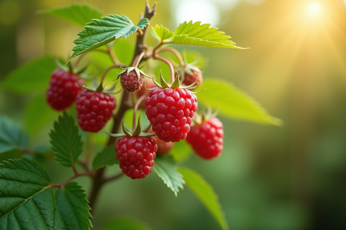 Raspberry bush avec framboises rouges et feuilles vertes