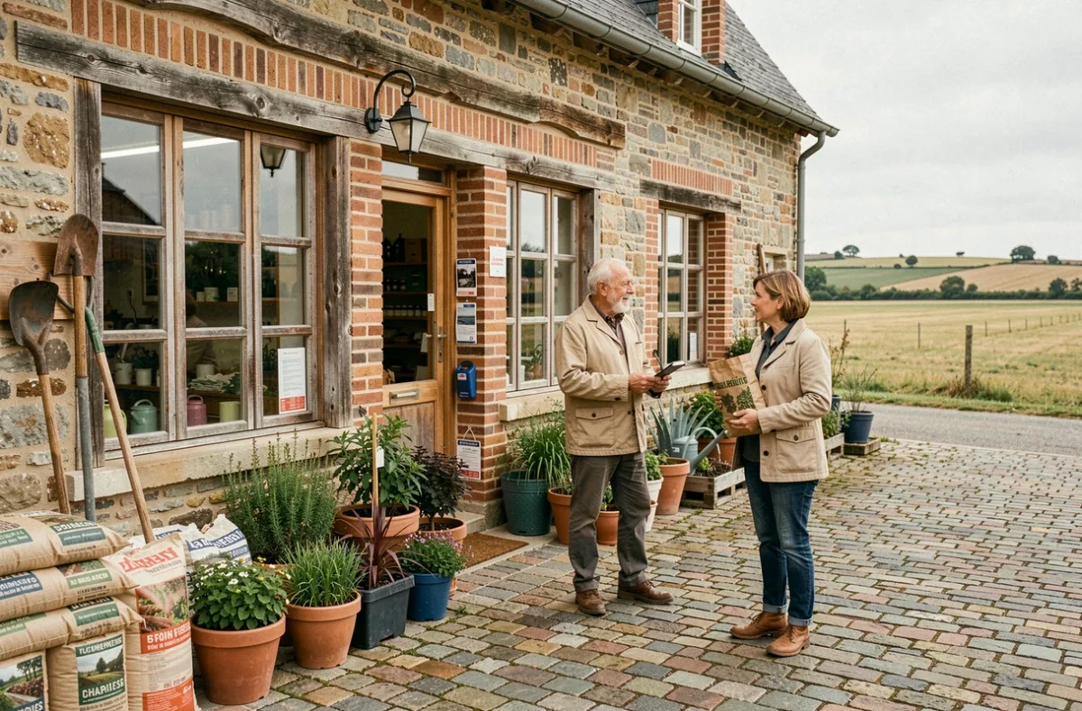 Façade traditionnelle de France Rurale Claye Defives avec plantes, outils et clients en discussion