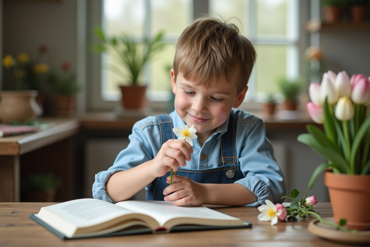 Jeune garçon examinant une fleur de printemps dans la cuisine