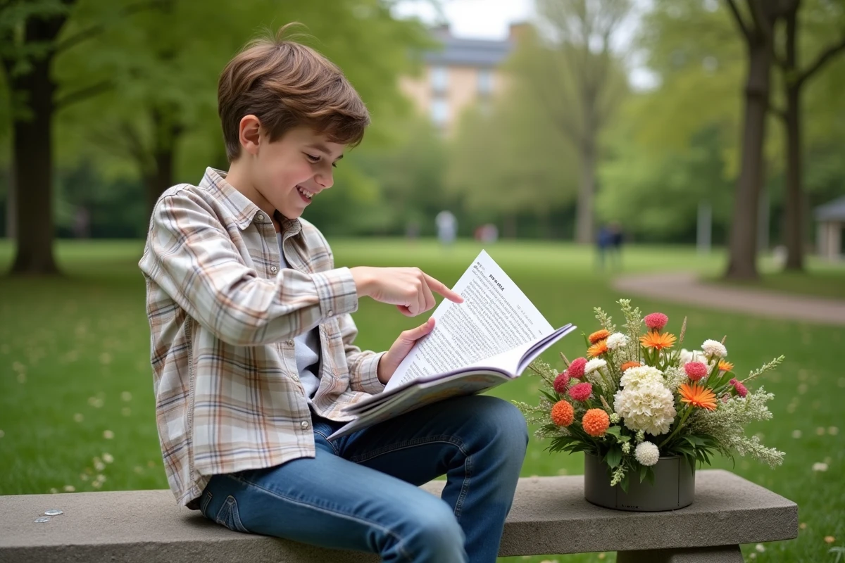 Adolescent dans un parc pointant une énigme de mots fléchés avec des fleurs en forme U
