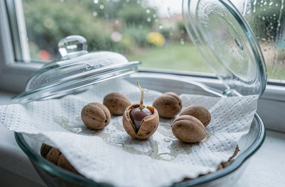 Noyaux d'abricot en germination sur papier humide dans un récipient en verre posé sur un rebord de fenêtre
