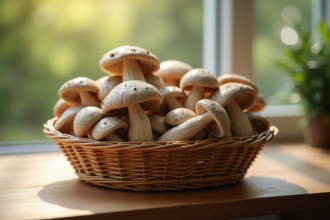 Champignons girolles grises fraîchement récoltés dans un panier en osier