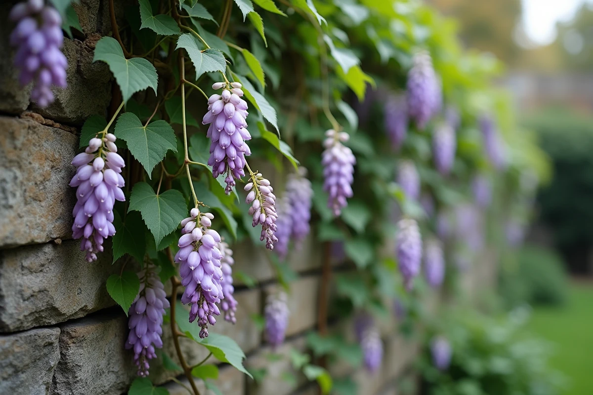 Glycine à floraison violette insuffisante sur un vieux mur en pierre de jardin