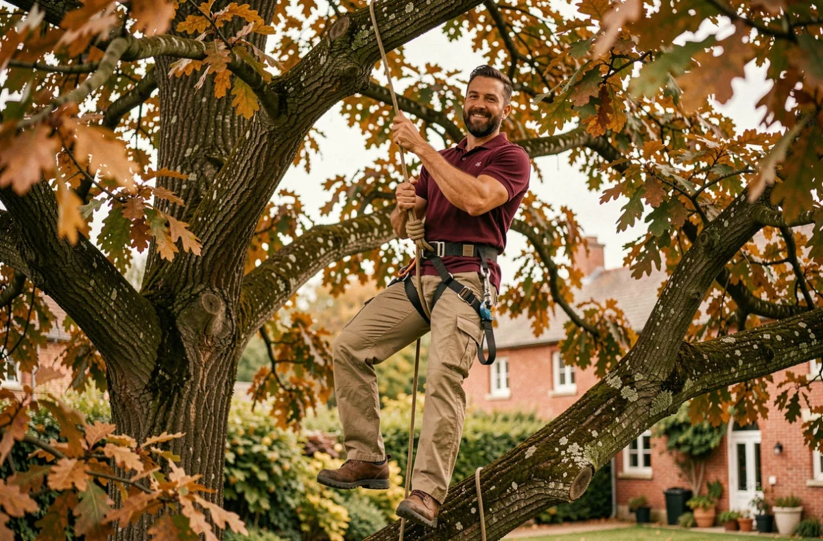 Arboriste solo grimpant dans un grand chêne avec harnais et cordes dans un jardin résidentiel du Nord, représentant Greg Jardin