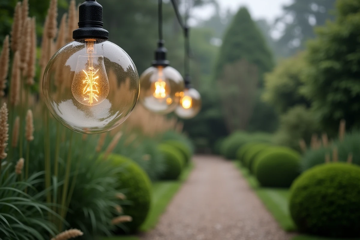 Gros plan de boules en verre dépoli suspendues au-dessus d'un chemin de jardin en gravier