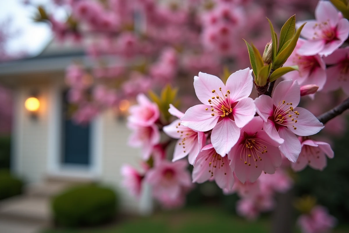 Gros plan sur les fleurs roses parfumées d'un arbuste de printemps devant une entrée de maison