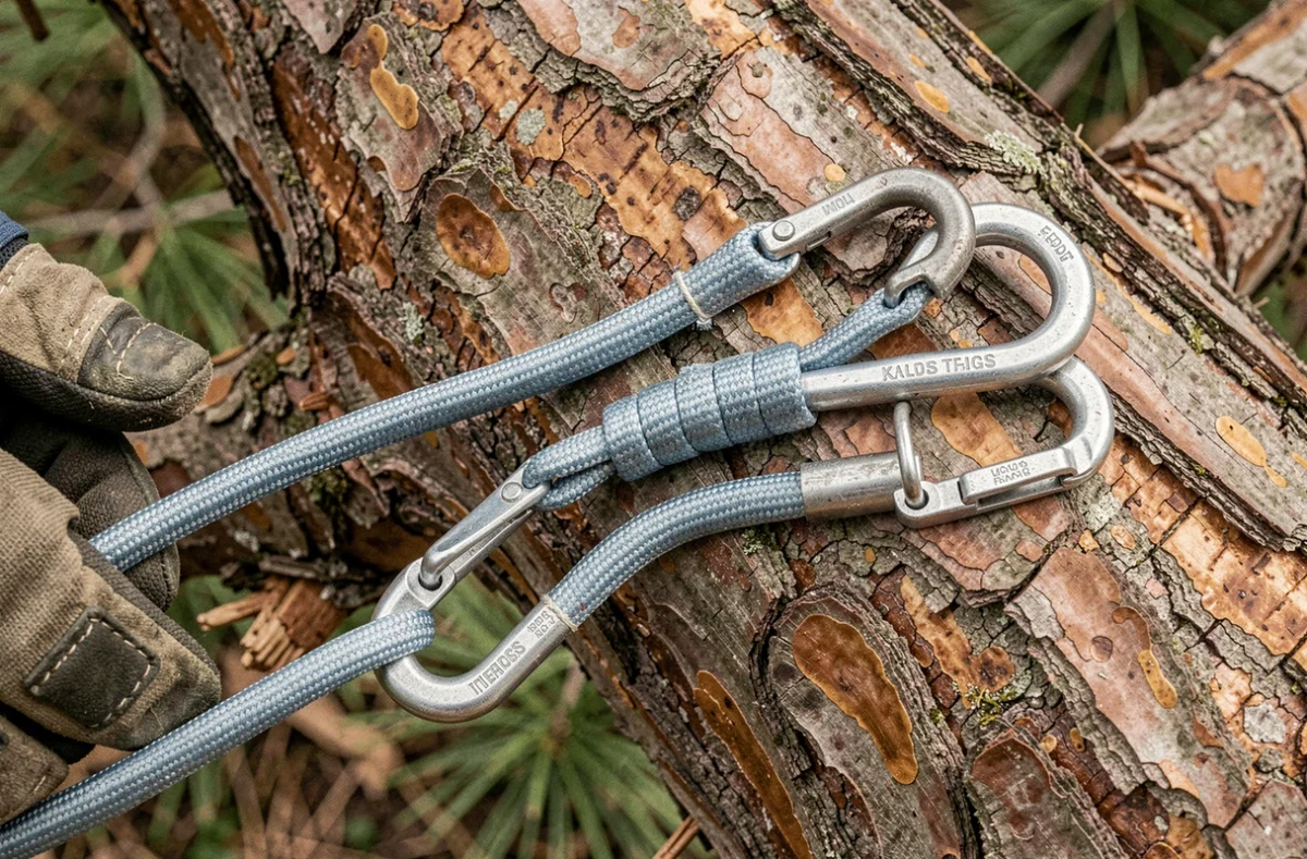Gros plan sur une longe d'élagage professionnelle avec mousquetons et corde tressée sur écorce de pin