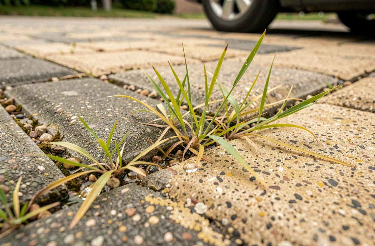 Gros plan sur des mauvaises herbes entre les joints de paves autobloquants traités avec un désherbant