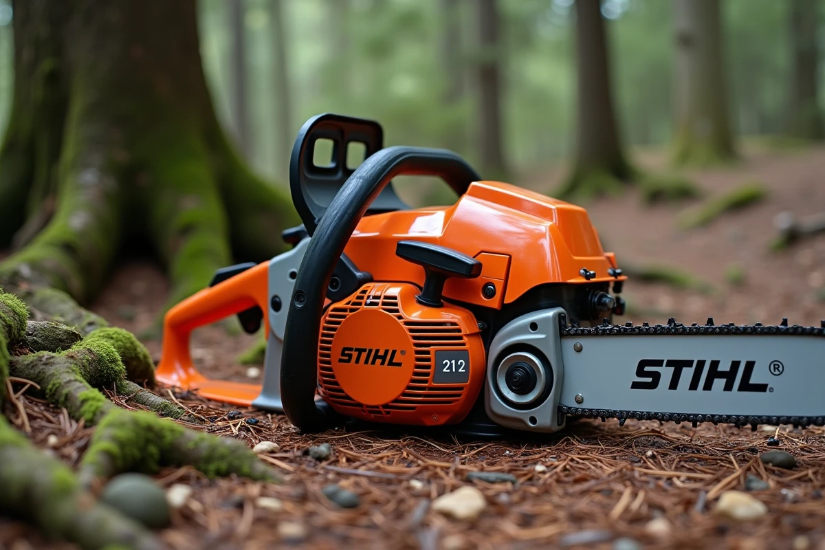 Gros plan détaillé du moteur et du guide-chaîne de la tronçonneuse STIHL MS 211 sur fond de sol forestier