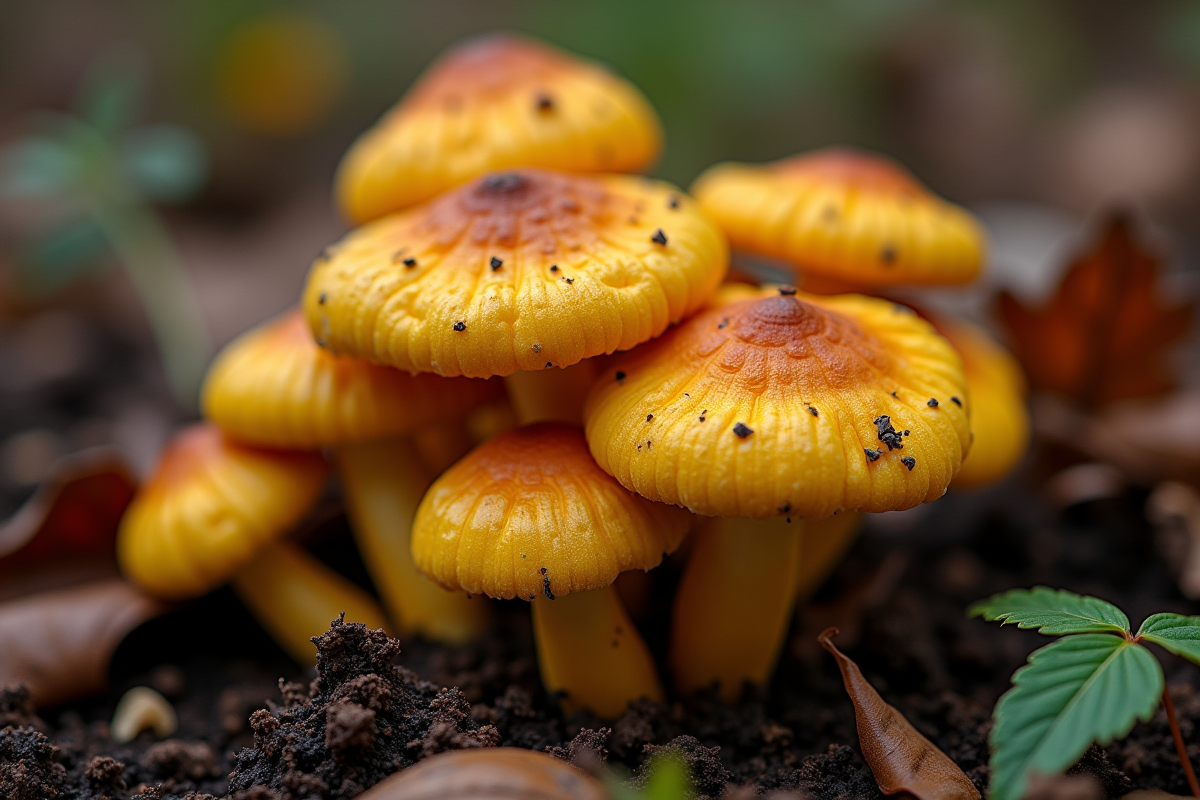Groupe de champignons chanterelle et girolle en gros plan