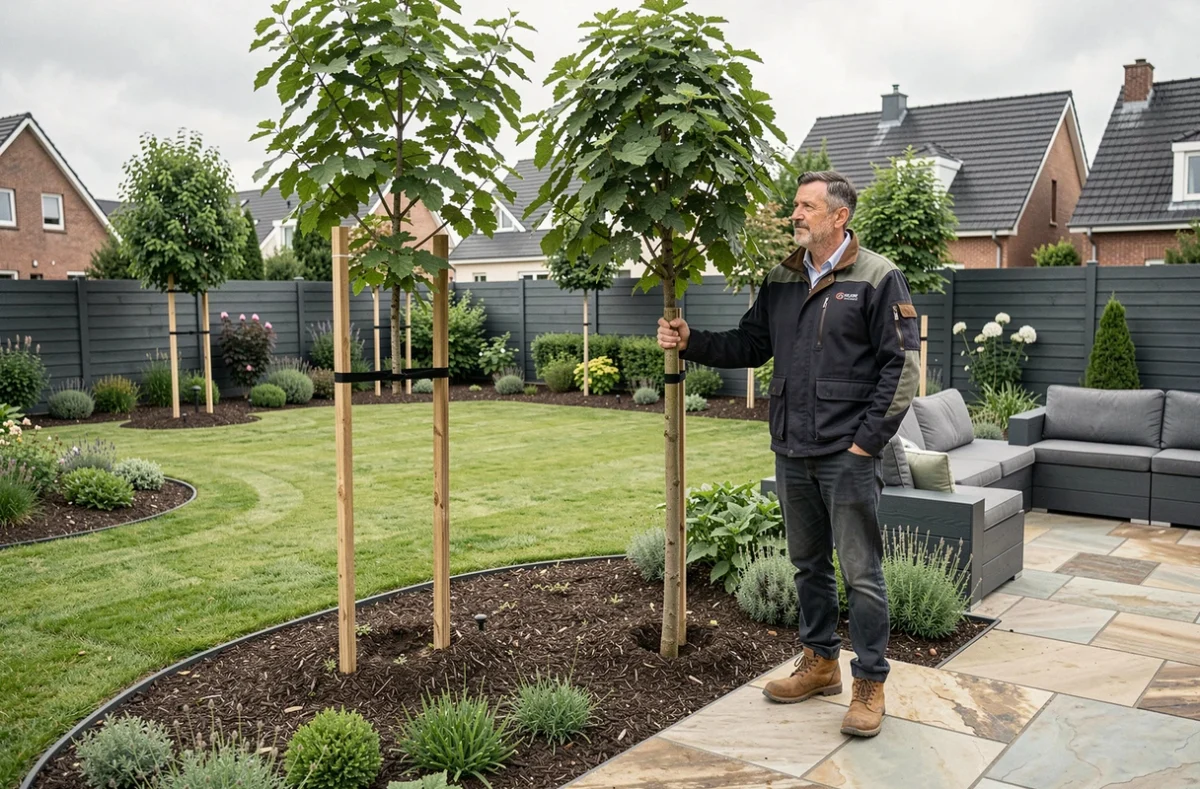 Paysagiste Guillaume Sevin supervisant la plantation d'arbres ornementaux dans un jardin résidentiel rénové