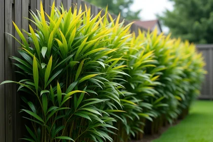 Haie de bambous non traçants avec feuilles légèrement desséchées dans un jardin résidentiel
