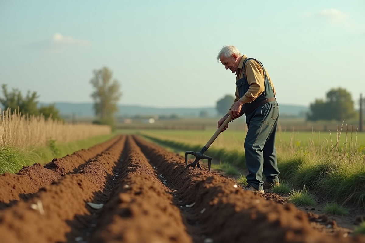 Homme âgé utilisant une fourche pour aérer un champ