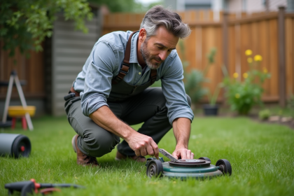 Homme d'âge moyen affûtant une lame de tondeuse à la main dans le jardin