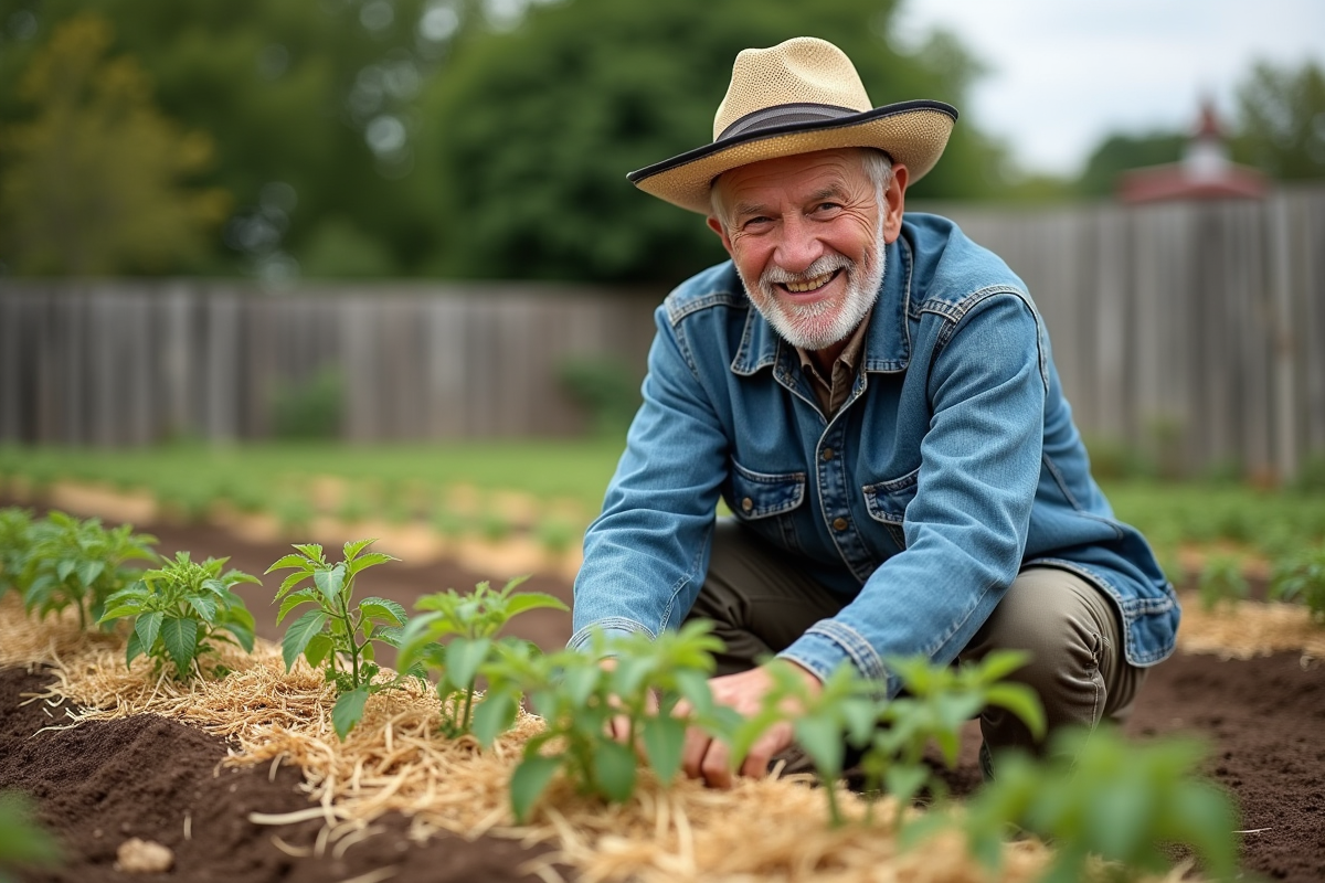 Homme âgé appliquant de la paille autour des plants de tomates