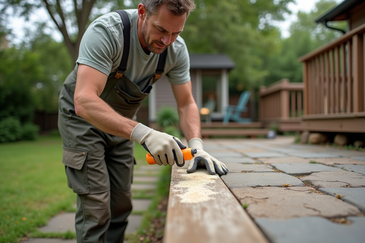 Homme appliquant une poudre antifongique sur la terrasse
